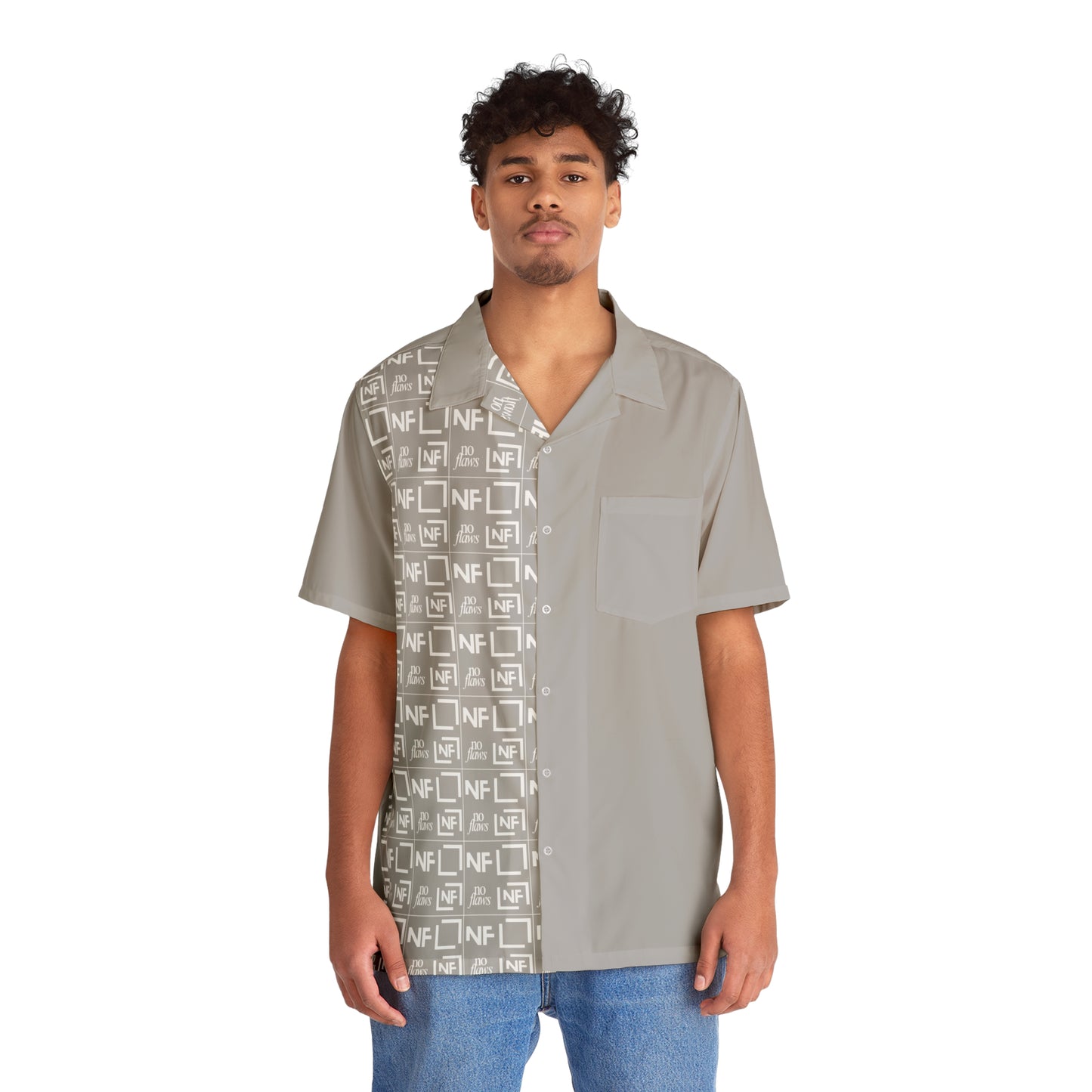 No Flaws Logo-Print Hawaiian Shirt – Stone Grey
